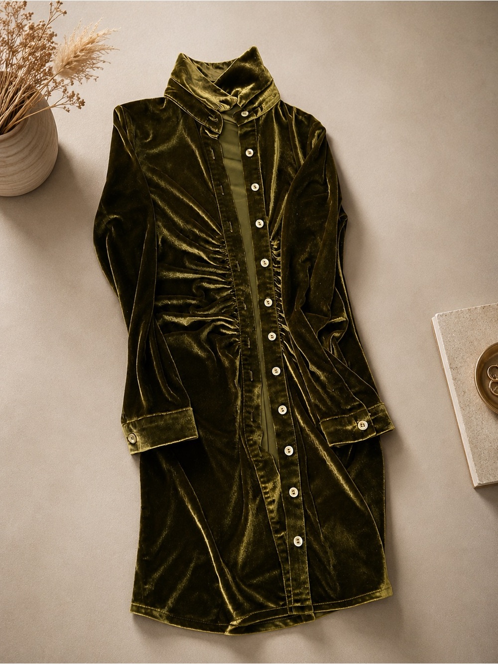 Velvet Button-Front Shirt Dress in Olive Green